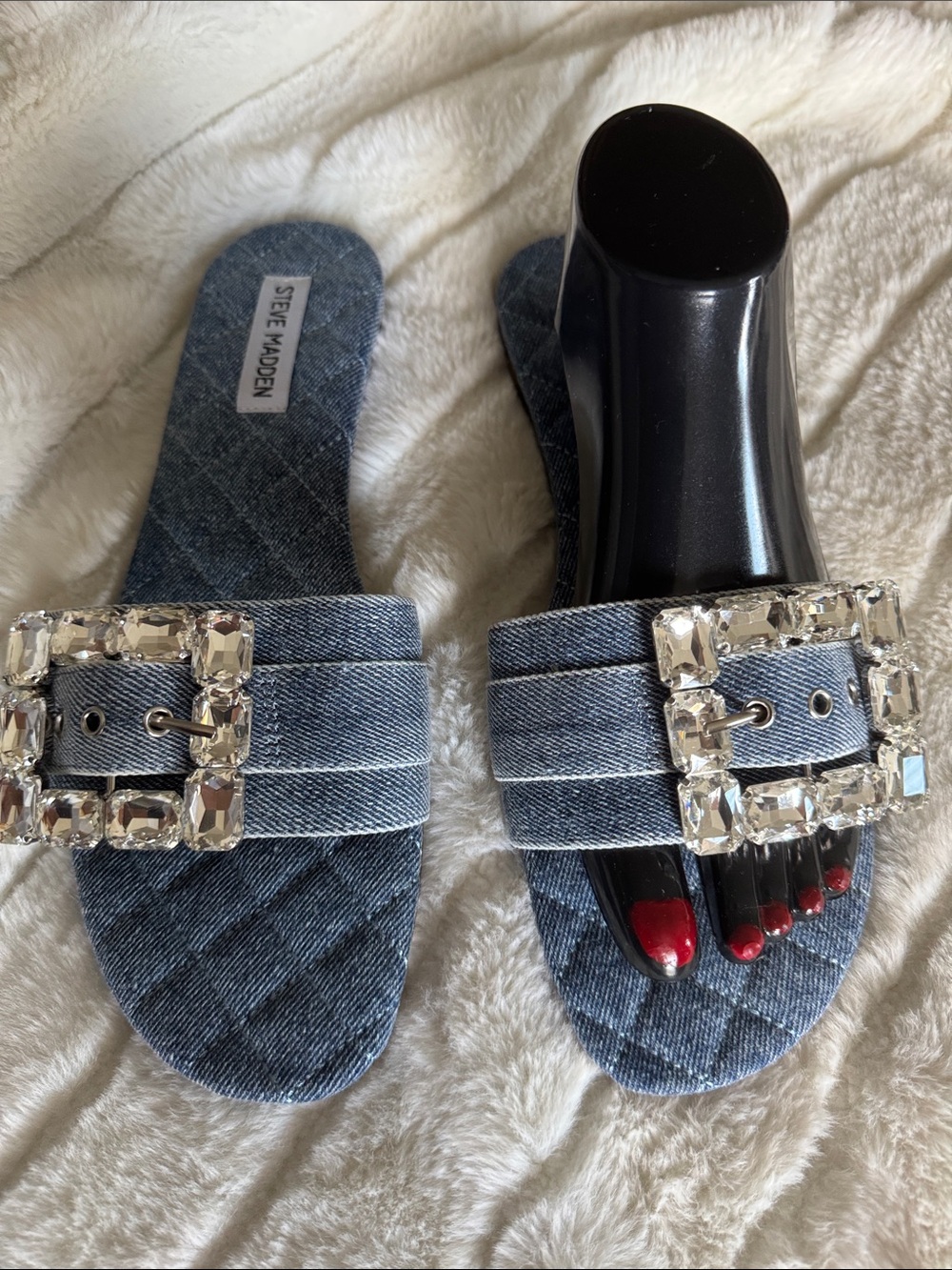 Steve Madden Denim Slide Sandals with Crystal Buckle - Blue